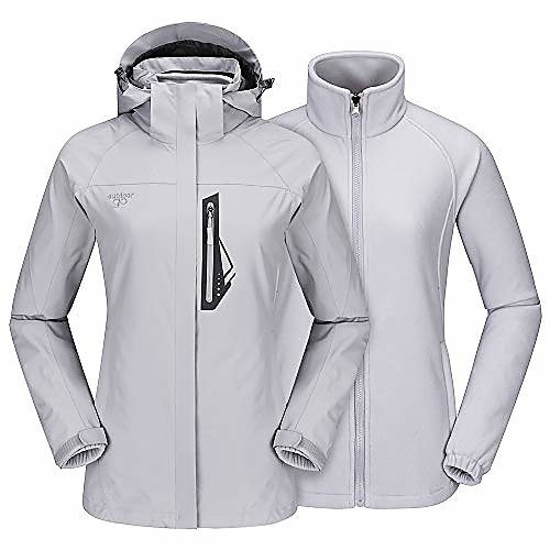 

women's ski jacket softshell 3 in 1 fleece lined waterproof windproof removable hood for hiking outdoor grey large