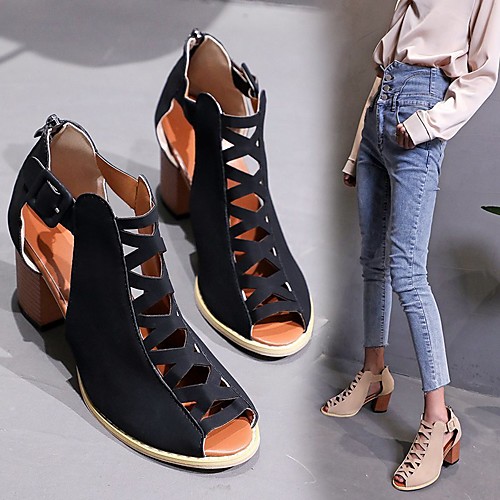 

Women's Heels Pumps Peep Toe British Daily Walking Shoes PU Lace-up Solid Colored Almond Black