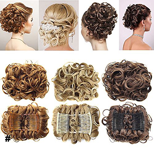 

short messy curly dish hair bun extension easy stretch hair combs clip in ponytail extension scrunchie chignon tray ponytail hairpieces - dark brown to light auburn