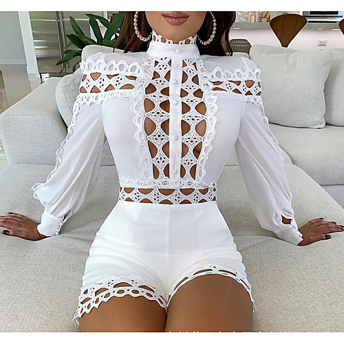 

Women's Sweater Jumper Dress Short Mini Dress White Black Long Sleeve Solid Color Lace Patchwork Hollow To Waist Fall Round Neck Hot 2021 S M L XL
