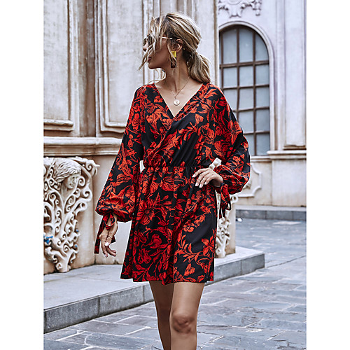 

Women's Shift Dress Short Mini Dress Red Long Sleeve Floral Print Spring Summer V Neck Casual Boho 2021 S M L XL