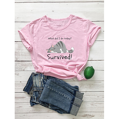 

Women's T shirt Cat Graphic Text Print Round Neck Tops 100% Cotton Basic Basic Top White Purple Red