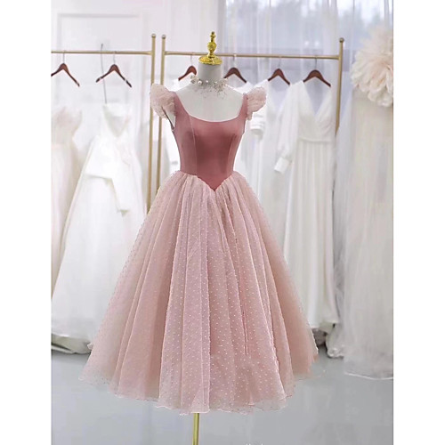 

A-Line Elegant Vintage Cocktail Party Prom Dress Scoop Neck Short Sleeve Tea Length Tulle with Pleats 2021