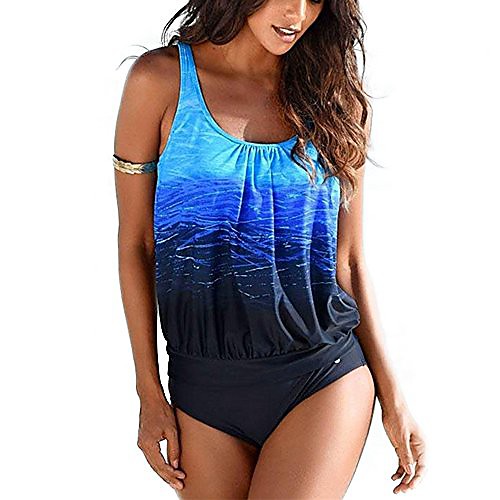 

tankini set women padded push up 2 pieces flattering swimwear with adjustable straps beachwear swimsuit swimming costume(uk 8-18) (blue, uk 14-16)