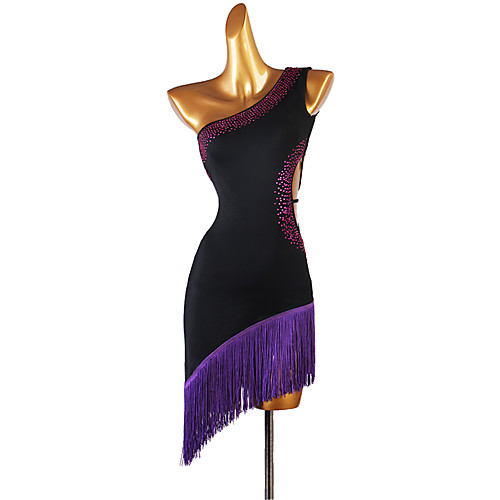 

Latin Dance Dress Tassel Split Joint Crystals / Rhinestones Women's Performance Sleeveless Chinlon Purple Dancewear Stage Wear 2021 New