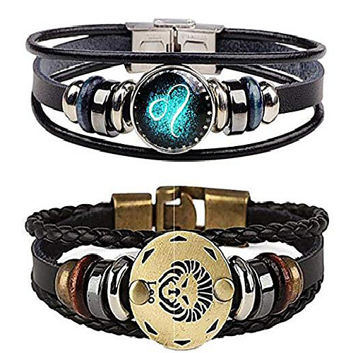 

bracelet for men,retro 12 constellation beaded handwoven braided rope punk alloy leather bracelets cuff
