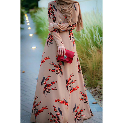 

Women's Swing Dress Maxi long Dress Blushing Pink Long Sleeve Print Patchwork Print Spring Round Neck Casual 2021 S M L XL XXL 3XL 4XL / Plus Size