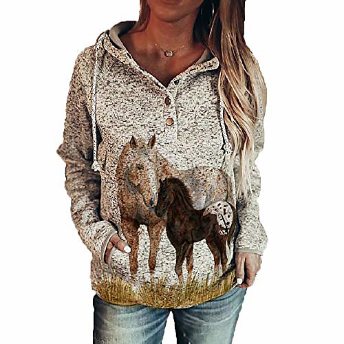 

horse hoodie for women, long sleeve horse print hooded sweatshirt with pockets button up drawstring hoodie-s taupe