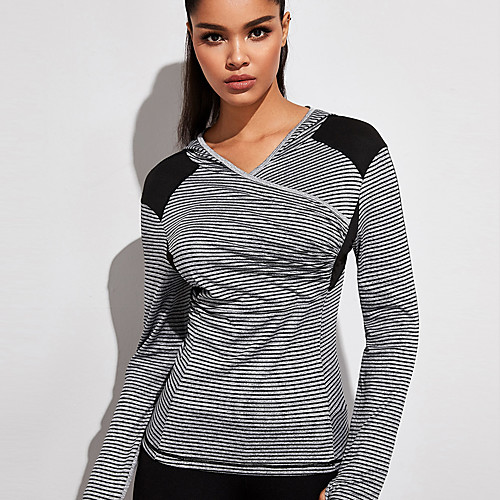 

Women's Hoodie Sweatshirt Yoga Top Thumbhole Stripes Gray Spandex Yoga Fitness Gym Workout Hoodie Long Sleeve Sport Activewear Breathable Quick Dry Comfortable Stretchy