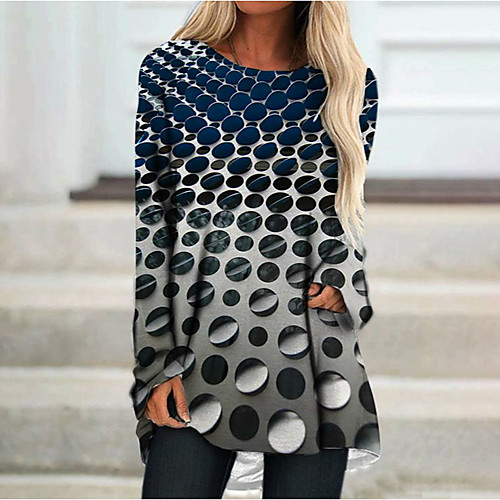 

Women's Shift Dress Short Mini Dress Blue Long Sleeve Geometric Print Spring Round Neck Casual 2021 M L XL XXL 3XL