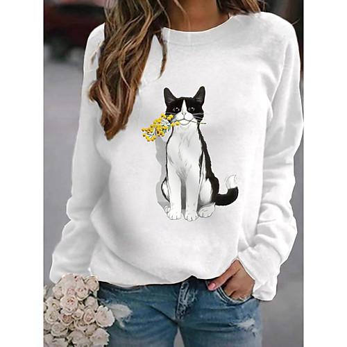 

Women's Pullover Sweatshirt Cat Cartoon Graphic Print Daily Other Prints Basic Casual Hoodies Sweatshirts White Gray