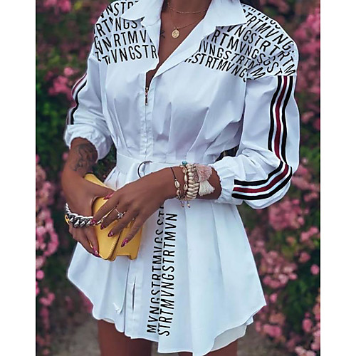 

Women's Shirt Dress Short Mini Dress Black Red 3/4 Length Sleeve Solid Color Letter Lace up Print Fall Shirt Collar Casual 2021 S M L XL XXL