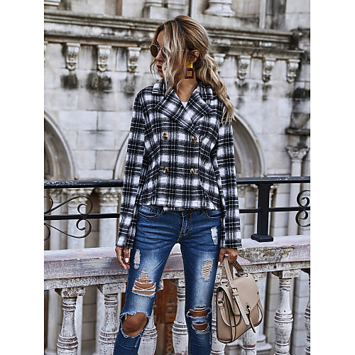 

Women's Plaid Patchwork Streetwear Spring & Fall Notch lapel collar Trench Coat Regular Going out Long Sleeve Rayon Coat Tops Black