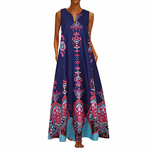 

women loose dress casual summer v-neck ethnic print bohemian dresses oversize caftan long maxi dress s-5xl dark blue