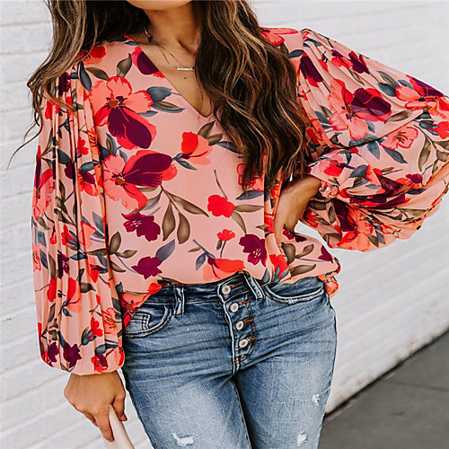 

Women's Blouse Floral Long Sleeve Pleated Patchwork Print V Neck Tops Streetwear Basic Top Blushing Pink