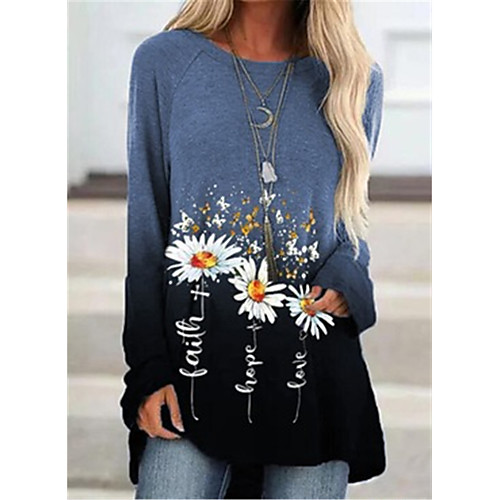 

Women's T shirt Dress Tunic Color Block Floral Daisy Long Sleeve Print Round Neck Tops Basic Top Blue Purple Green