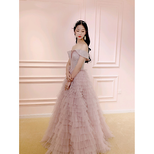 

A-Line Sparkle Elegant Prom Formal Evening Dress Off Shoulder Short Sleeve Floor Length Tulle with Sequin Ruffles Tier 2021