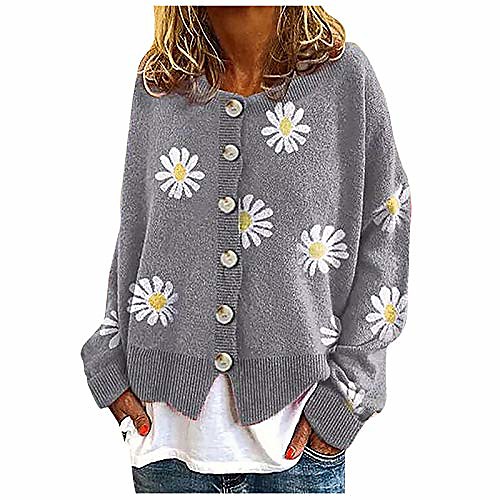 

button cardigan sweater coat for women casual loose daisy printed long sleeve knitted outwear tops gray