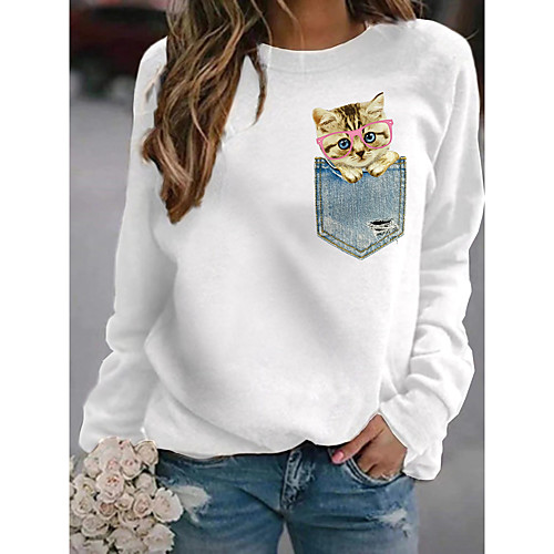 

Women's Pullover Sweatshirt Cat Graphic 3D Print Daily 3D Print Basic Casual Hoodies Sweatshirts White Black Light gray