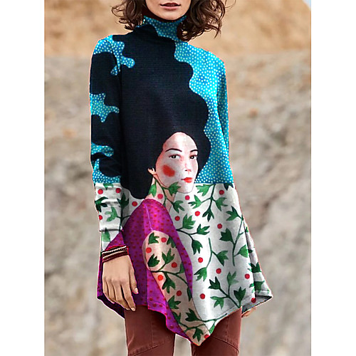 

Women's T Shirt Dress Tee Dress Short Mini Dress Black Blue Purple Yellow Light Blue Long Sleeve Print Color Block Patchwork Print Fall Winter Turtleneck Casual 2021 S M L XL XXL 3XL