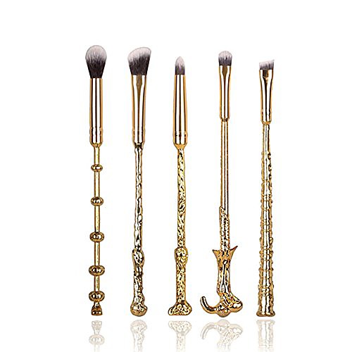 

5pcs/set metal handle harry potty magic wand makeup brushes set eyeshadow eyebrows nose blending brushes kabuki make up brush with flannel bag (gold)