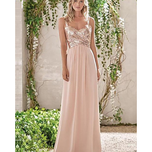 

A-Line V Neck Floor Length Chiffon / Sequined Bridesmaid Dress with Pleats