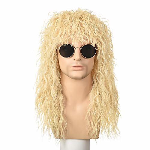 

blonde 80s rocker wigs long curly mullet metal men heat resistant synthetic wig for cosplay halloween costume daily blonde(note:only wig)