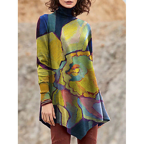 

Women's T Shirt Dress Tee Dress Short Mini Dress Blue Purple Yellow Green Long Sleeve Print Color Block Patchwork Print Fall Winter Turtleneck Casual 2021 S M L XL XXL 3XL 4XL 5XL