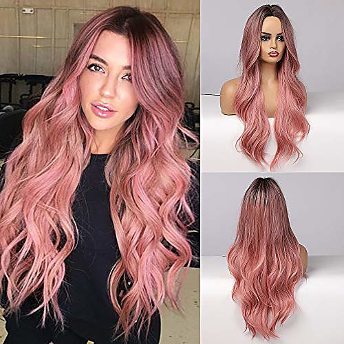 

long curly ombre wigs 24 inch middle part none lace wigs for women dark brown rooted with pink hair synthetic wig for women natural looking wigs for party cosplay