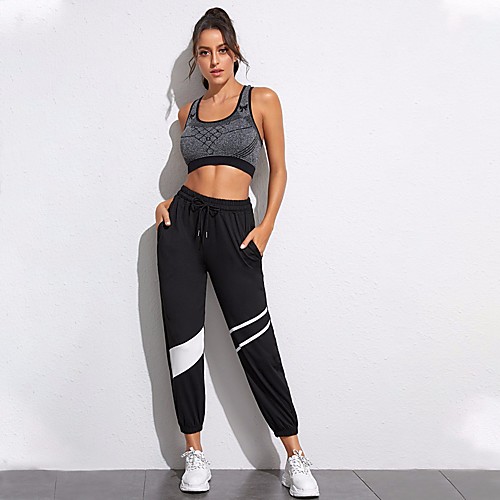 

Women's Basic Chino Comfort Daily Jogger Sweatpants Pants Striped Full Length Drawstring Pocket Patchwork Black