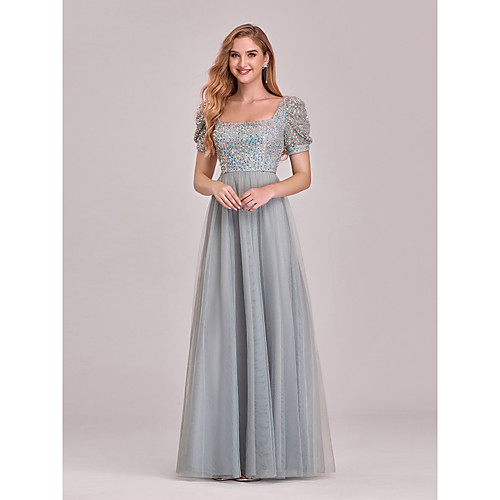 

A-Line Empire Elegant Prom Formal Evening Dress Boat Neck Short Sleeve Floor Length Tulle with Sequin 2021