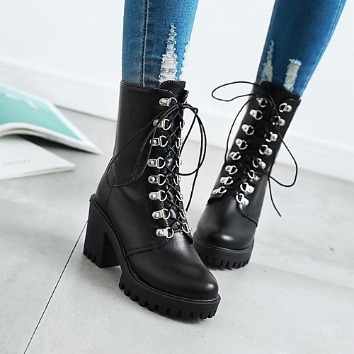 

Women's Boots Chunky Heel Round Toe Mid Calf Boots Casual Daily Office & Career PU Sequin Lace-up Solid Colored White Black Gray / Mid-Calf Boots