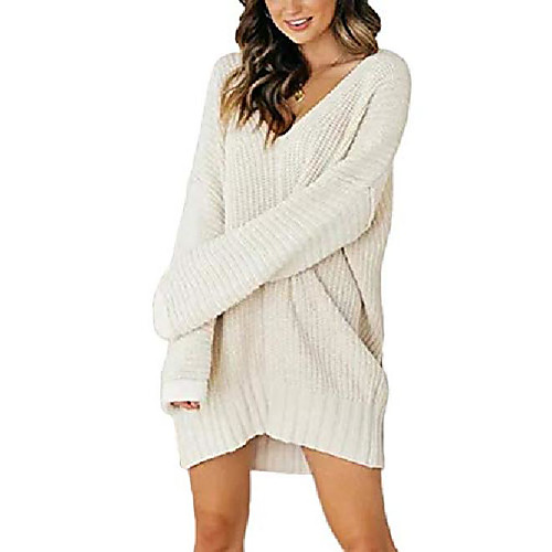 

sweater dress women casual v-neck long-sleeved shirt oversize solid color tunic jumper sweater mini dress white 44