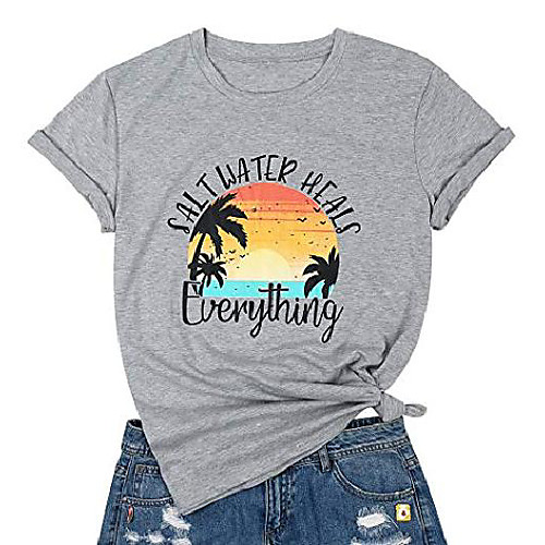 

women's saltwater heals everything t shirt women letter print graphic vacation tee shirt beach tops blouse size l (grey)