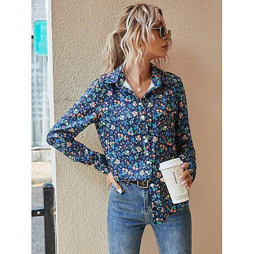 

Women's Blouse Shirt Floral Long Sleeve Shirt Collar Tops Basic Top Blue
