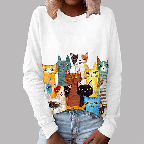 

Women's Pullover Sweatshirt Cartoon Cat Graphic Daily Basic Casual Hoodies Sweatshirts White Blushing Pink Gray