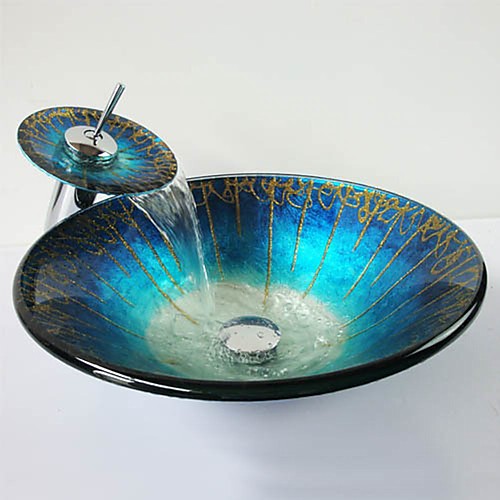 

Big Round Hat Blue Gradient Gold line Tempered Glass Vessel Sink with Waterfall Faucet Pop - Up Drain and Mounting Ring