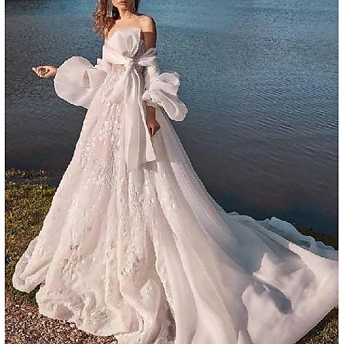 

Ball Gown Wedding Dresses Off Shoulder Sweep / Brush Train Chiffon Lace Long Sleeve Country Beach with Bow(s) Ruffles 2021