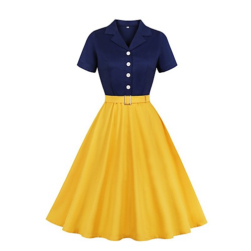 

Women's Plus Size Color Block Vintage Shirt Collar Short Sleeve Summer Knee Length Dress A Line Dress / Slim
