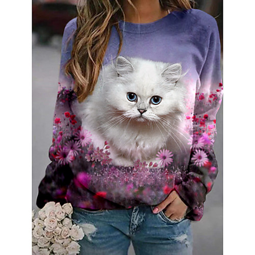 

Women's Pullover Sweatshirt Cat Graphic 3D Print Daily 3D Print Basic Casual Hoodies Sweatshirts Purple