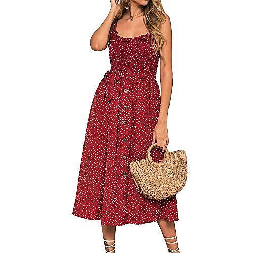 

women's girl's casual long dress sleeveless polka dot maxi dress loose dresses beach dress sundress red, s