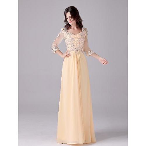 

A-Line Empire Elegant Wedding Guest Formal Evening Dress V Neck 3/4 Length Sleeve Floor Length Chiffon with Pleats Ruched Beading 2021