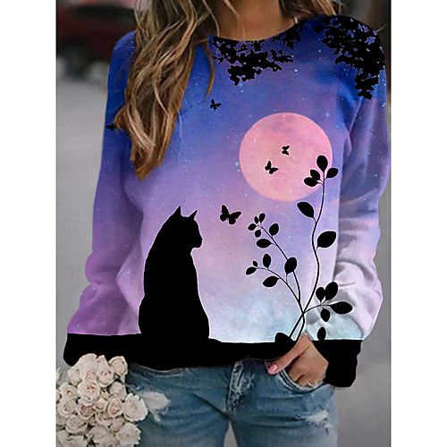 

Women's Pullover Sweatshirt Cat Graphic 3D Print Daily 3D Print Basic Casual Hoodies Sweatshirts Purple