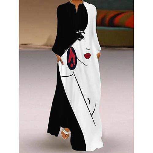

Women's Swing Dress Maxi long Dress Black Long Sleeve Color Block Print Fall Spring V Neck Casual Vintage vacation dresses 2021 S M L XL XXL