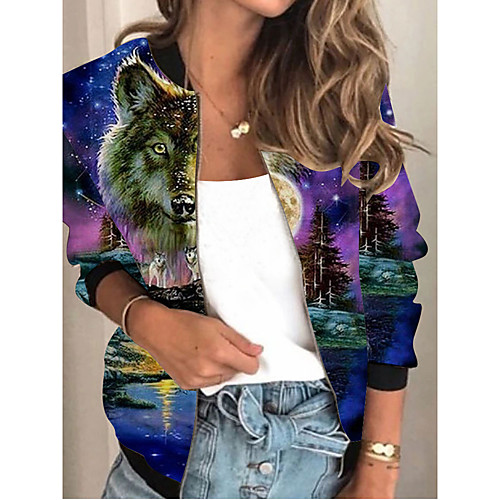 

Women's Print Patchwork Streetwear Spring & Fall Jacket Regular Sports Long Sleeve Rayon Coat Tops Purple