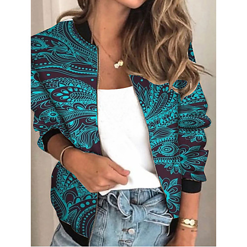 

Women's Geometric Patchwork Streetwear Spring & Fall Jacket Regular Sports Long Sleeve Rayon Coat Tops Blue