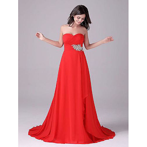 

A-Line Empire Elegant Prom Formal Evening Dress Sweetheart Neckline Sleeveless Court Train Chiffon with Ruched Beading Tier 2021