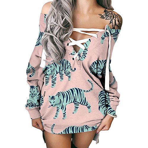 

Women's Shift Dress Short Mini Dress Blushing Pink Long Sleeve Animal Print Fall Summer Off Shoulder Hot Sexy 3D Print S M L XL XXL 3XL