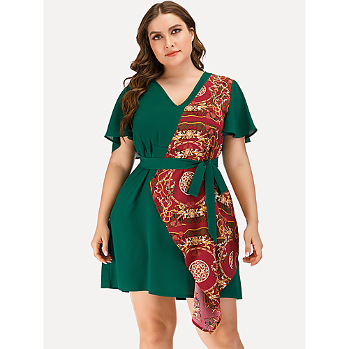 

Women's Plus Size Dresses Chiffon Dress Short Mini Dress Short Sleeve Print Color Block Patchwork Print V Neck Casual Spring & Fall / Loose