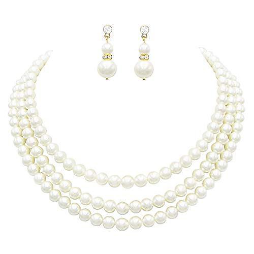 

women's multi strand classic cream faux pearl necklace and earrings jewelry set